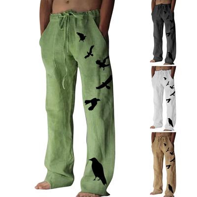 Lose, lässige, einfarbige Baumwoll-Leinen-Hose für Herren, elastische Krawatte, bedruckte gerade Hose