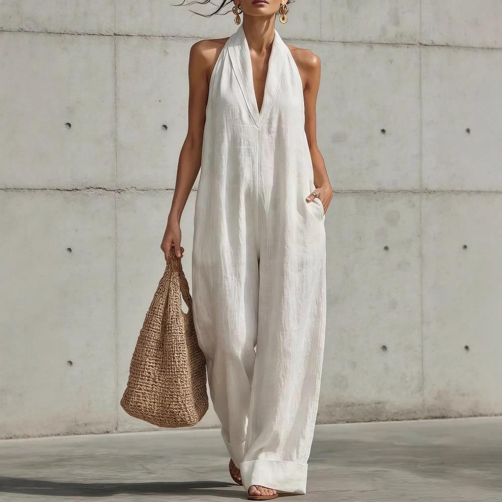 Women's Halter Neck Sleeveless Loose Wide Leg Jumpsuit Casual V Neck Polyester Jumpsuit