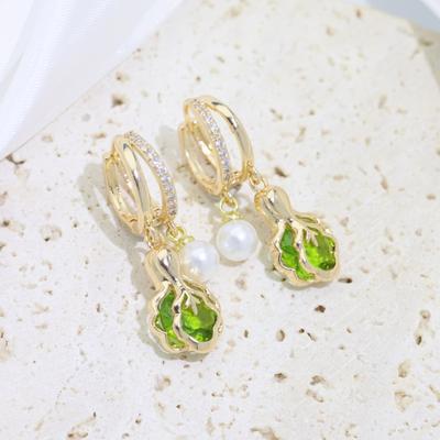 1 Pair Luxury Chinese Cabbage with Imitation Pearls Dangle Earrings for Women Zirconia Earring Jewelry Wedding Party Accessories