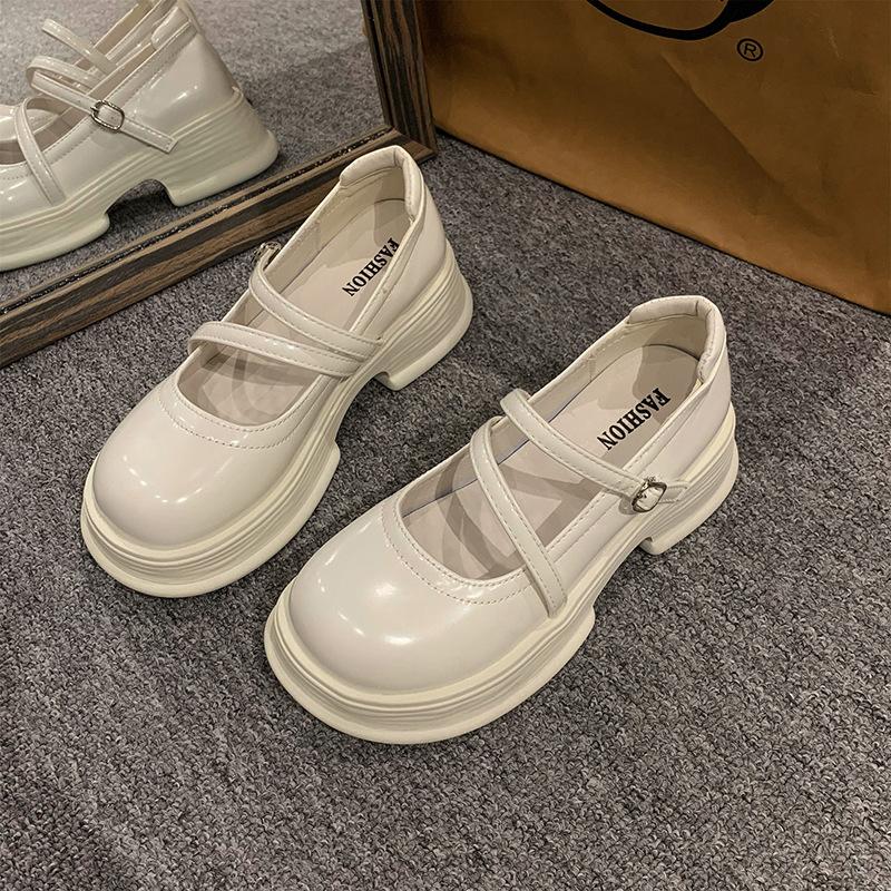 

White thick heel platform French Mary Jane shoes women s 2025 new summer round head light mouth British style small leather shoes women 40