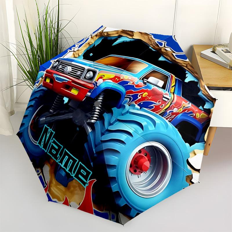 1pz Camioncino Mostro Avventura Nome Personalizzato Ombrello Pieghevole Automatico, Plastica e Ferro Resistenti, Leggero per Uso Esterno Quotidiano S1230067