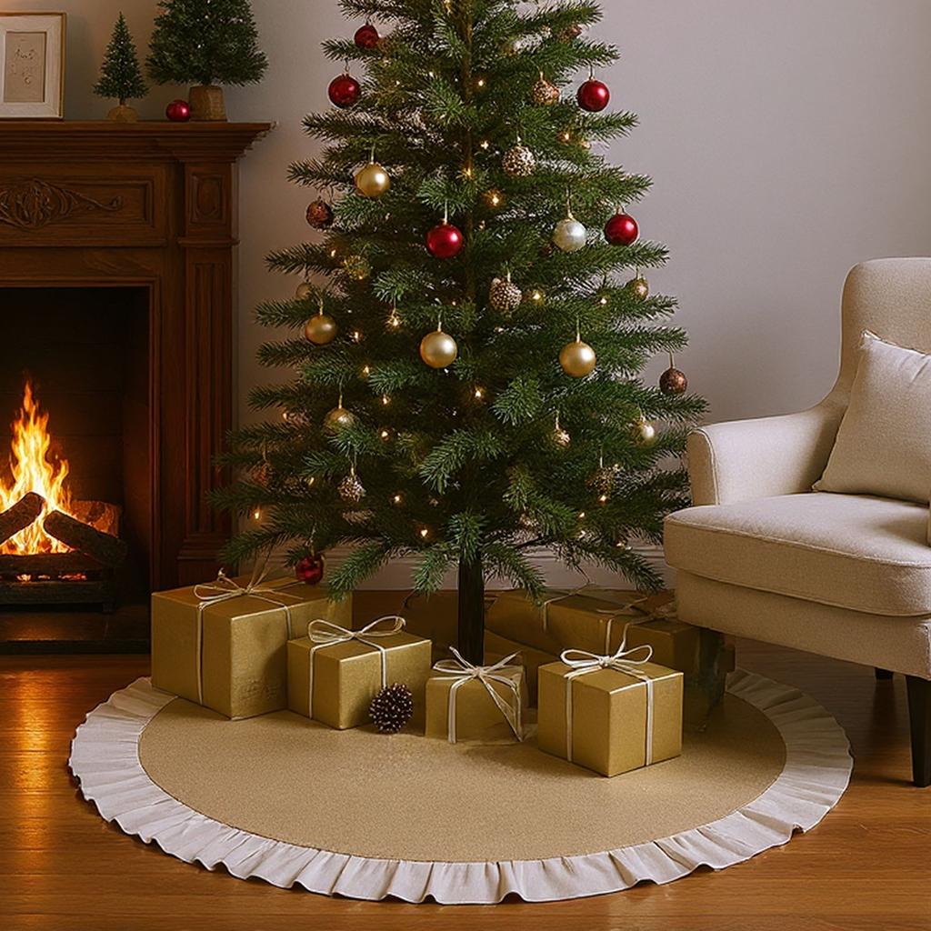 Christmas Tree Skirt, Natural Jute With Ruffle Edge, Rustic Xmas Holiday Decoration