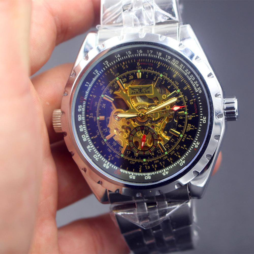 JARAGAR Golden Skeleton Watches Men Luxury Brand Silver Stainless Steel Auto Self-wind Mechanical Watch Sport Relogio Masculino