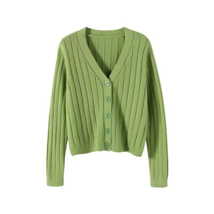 Women's V Neck Knitted Cardigan Short Jacket Loose Long Sleeve Autumn Versatile Outfit Top Sweater