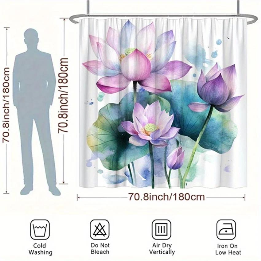 ~O~Lotus Flowers Shower Curtain - Soft Pink Lavender & White, Blue-Green Leaves, Watercolor, Polyester, 12 Hooks, 70.8x70.8 Inch