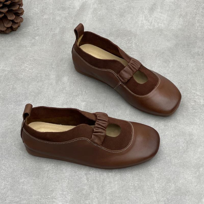 Johnature Handmade Genuine Leather Soft Soled Flats Round Toe Soft Cowhide Women's Slip-on Shoes
