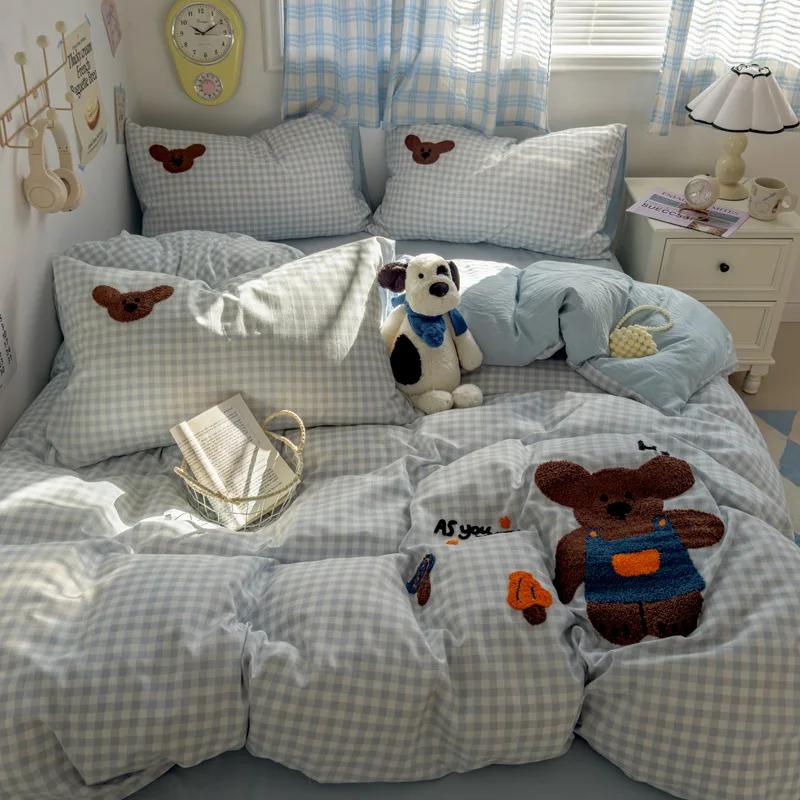 New Student Cartoon Washed Cotton Towel Embroidered Three or Four-piece Set Bed Sheet Quilt Cover Mattress Bedding