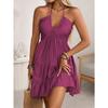 Summer new women's clothing suspender v-neck ruffle edge splicing temperament sexy off-the-shoulder women's dress