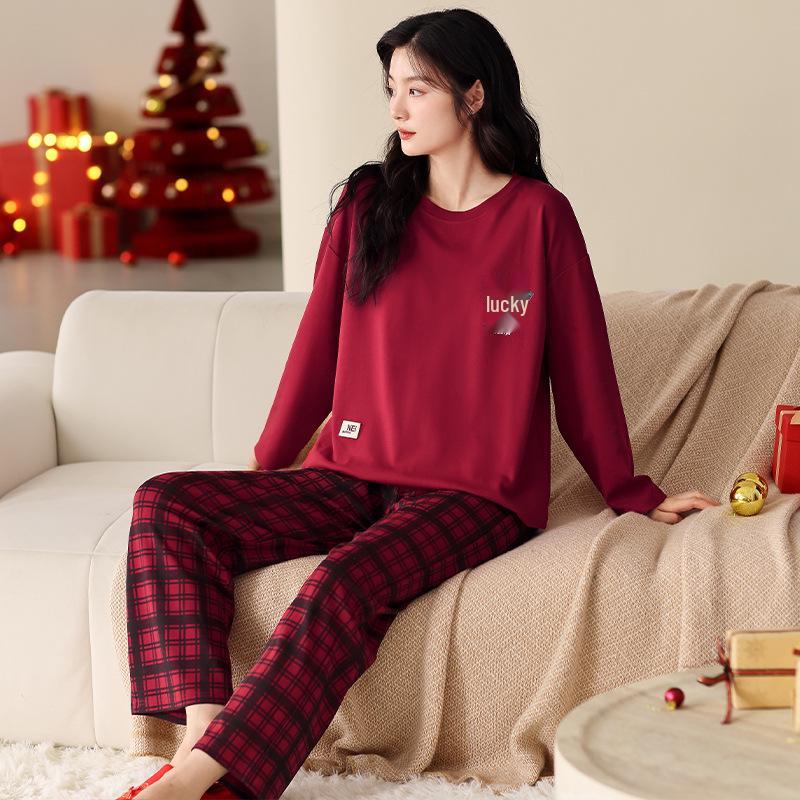 Мужской и женский пижамный комплект со знаком зодиака – Осенне-зимний Свадебный Красный Хлопковый Домашний Комплект M