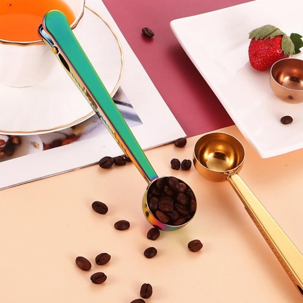 Cuchara de café de acero inoxidable 2 en 1, cuchara para granos de café, clip de sellado de bolsas duradero, herramientas para hornear