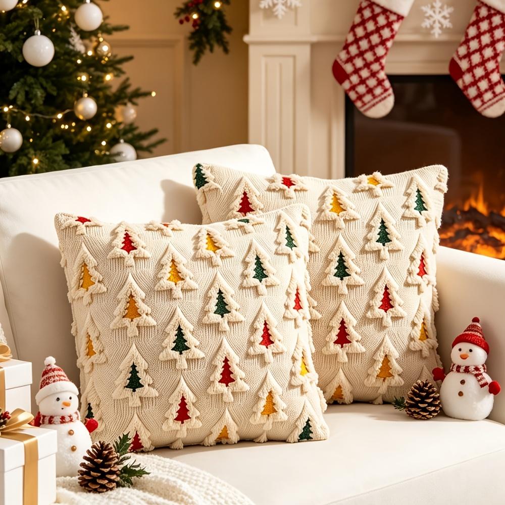 2pcs Christmas Tree Embroidered Plush Throw Pillow Covers Vintage Cute Soft Cozy Cushion Covers for Christmas Bedroom Sofa Decor Without Pillow Core