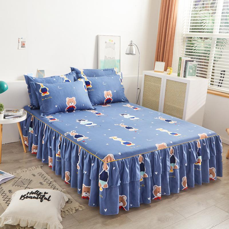 3pcs Modern Korean Floral Bed Skirt Set with Lotus Leaf Embellishments and Princess Floral Pattern, All-Season Brushed Light Beige-Friendly Bedding