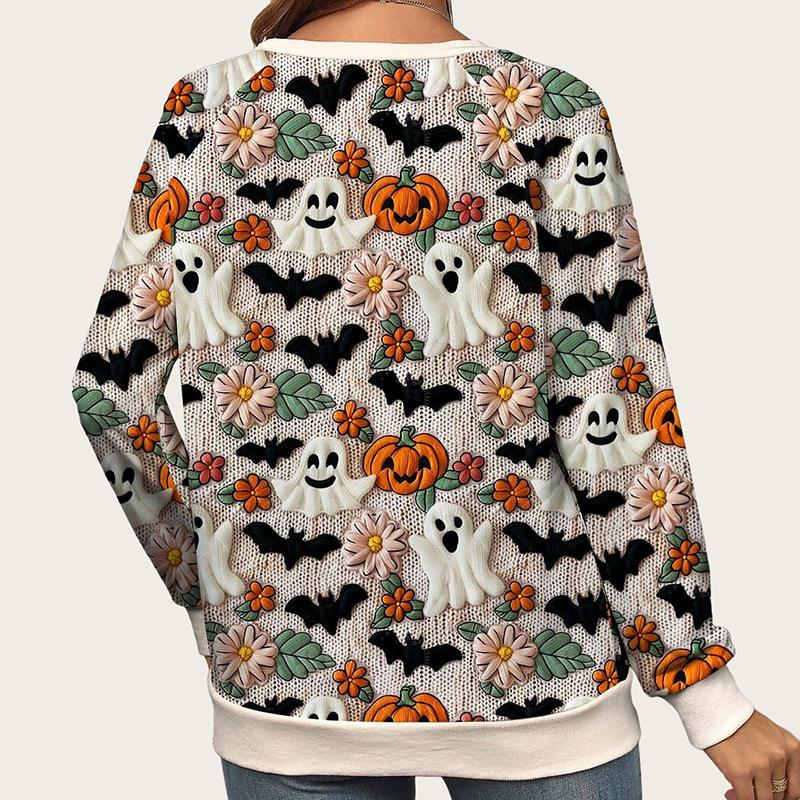 Ladies Spring Autumn Ghost Pumpkin Halloween O Neck Long Sleeve Pullover Hoodies Sweatshirt Top