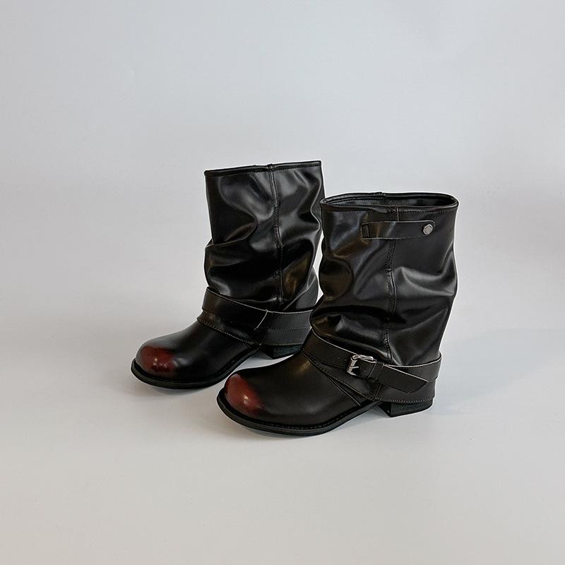 Fashion belt buckle pleated loose stacking boots autumn and winter design sense retro thick heel locomotive women's fashion boots short boots