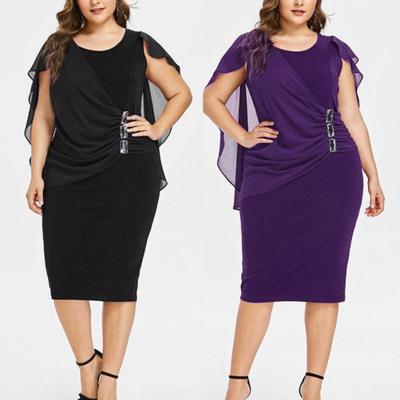 Women Solid Color O Neck Sleeveless Chiffon Asymmetrical Tippet Plus Size Dress