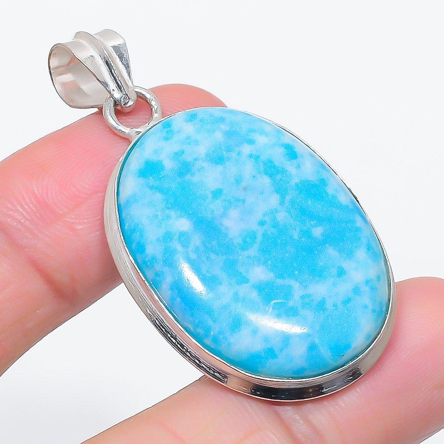 Natural Larimar Gemstone Handmade 925 Sterling Silver Jewelry Pendant 1.97" W0y06