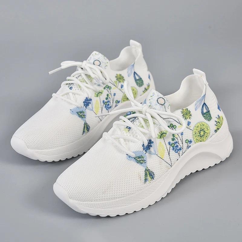 

Модные кроссовки на платформе с модным принтом, женские, на шнуровке, из дышащей сетки, спортивная обувь для женщин, новинка 2024 года, вязаная нескользящая повседневная обувь 43 светло-зеленый