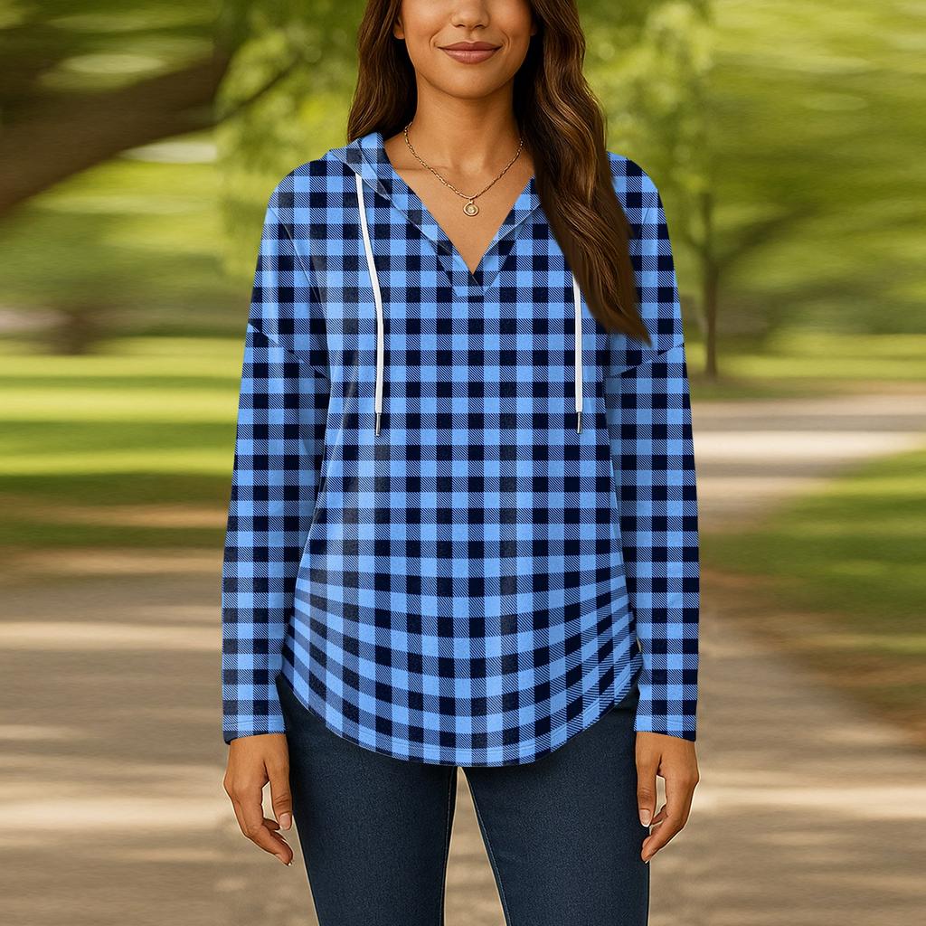 Damenmode Kapuzenpullover V-Ausschnitt Langarm Geblümter Kordelzug Lässig Locker Pullover Tops