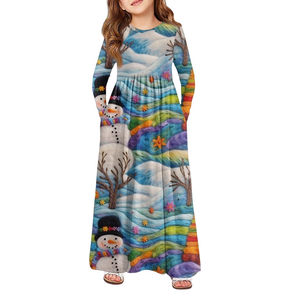 Girls' Maxi Dress - Long Sleeve Pocket Dress Christmas Day