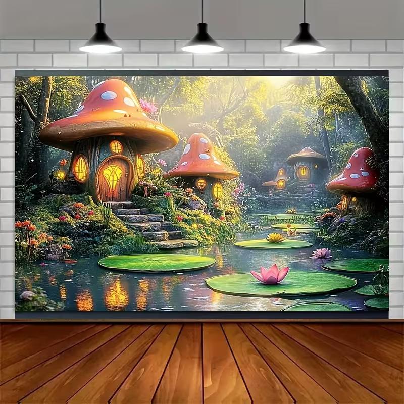 2D Flat Printing Magical Mushroom House Backdrop for Kids Fairy Tale Party Photoshoot