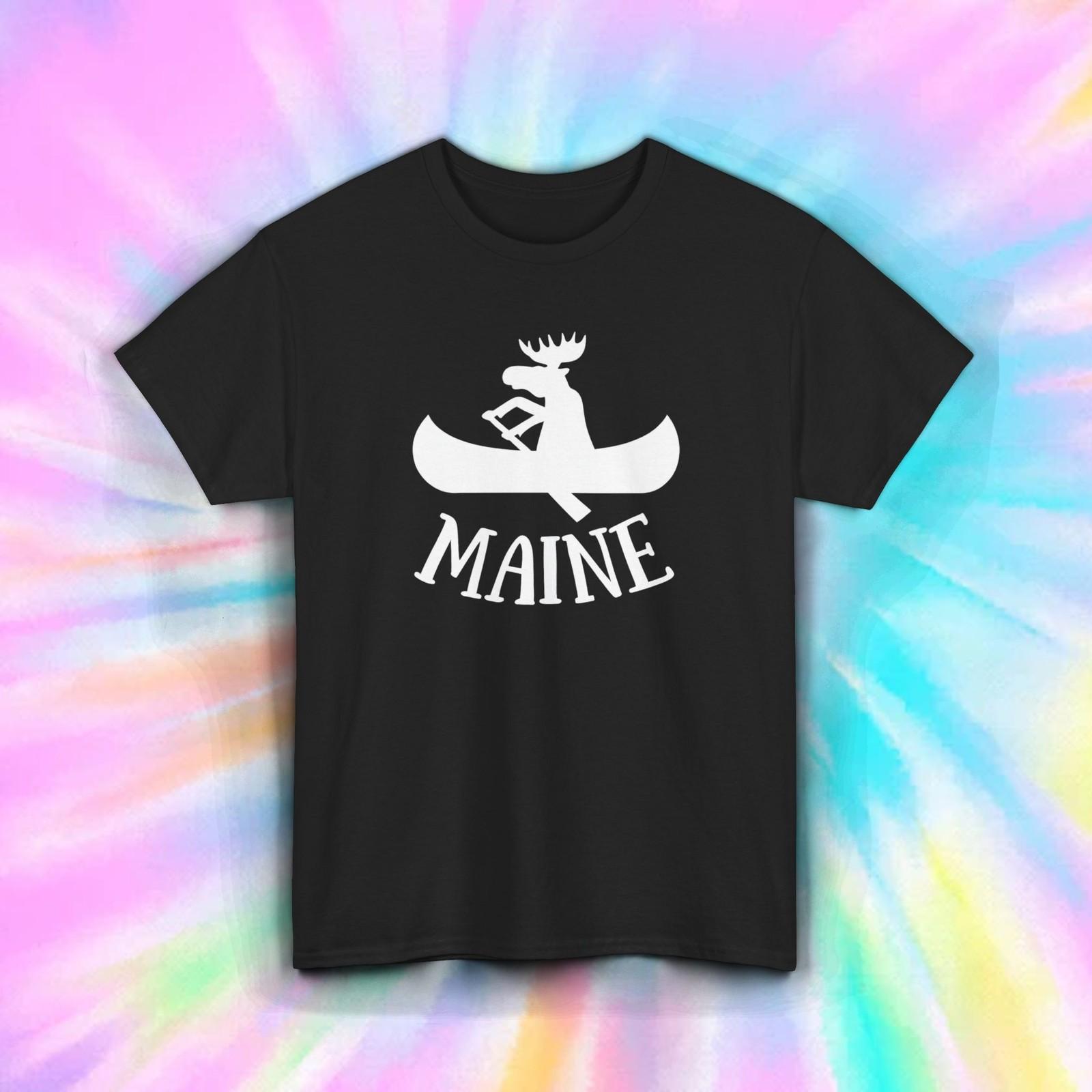 Maine Moose Canoe Shirt Funny Camp Outdoor Vacation Souvenir Wildlife Tee S-5XL L