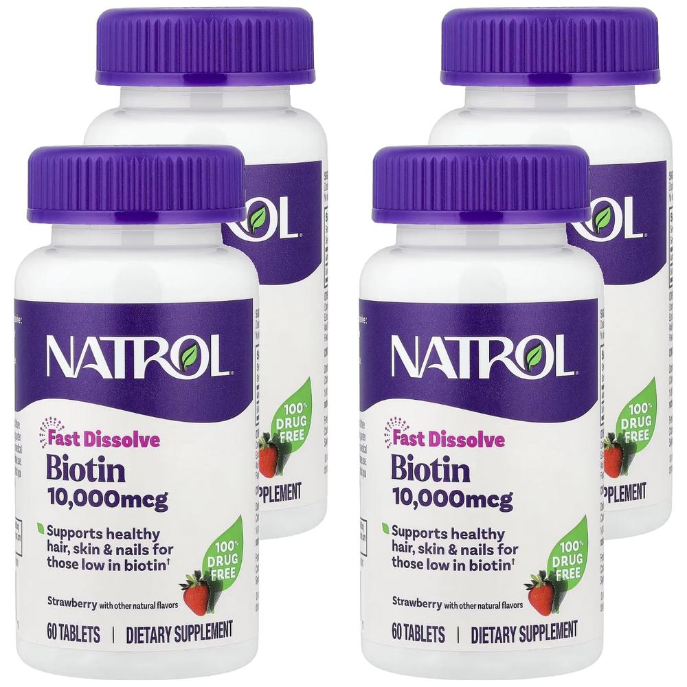 Natrol Biotin 10,000mcg Strawberry Tablets 60 Tablets 4 Pcs