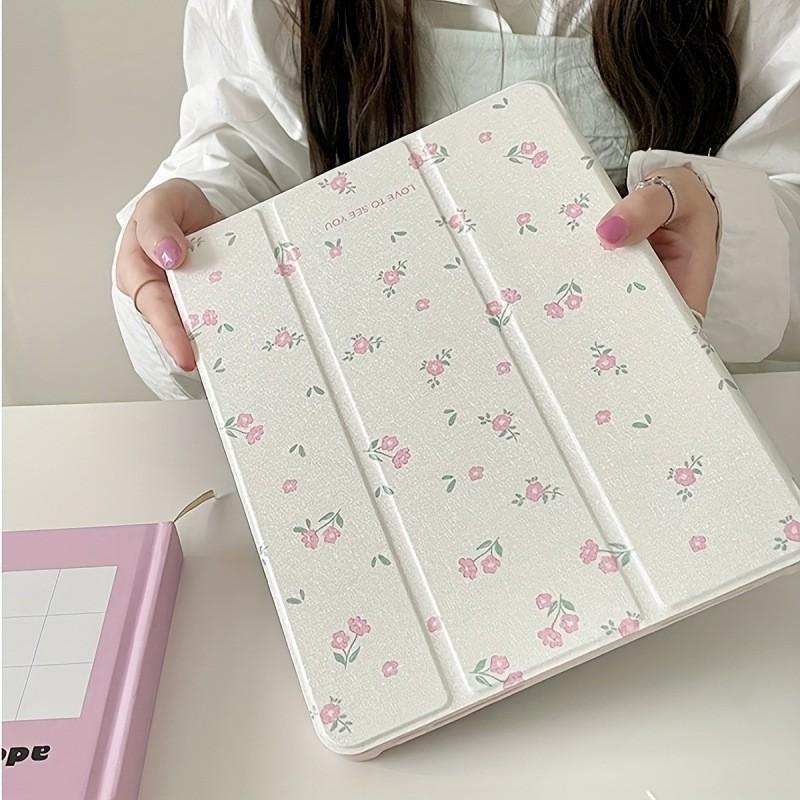 IPad Pro 12.9 Inch Case With Mirror Surface Tri-Fold Stand Pen Slot Floral Print PC Cover Air/Mini/10th Gen