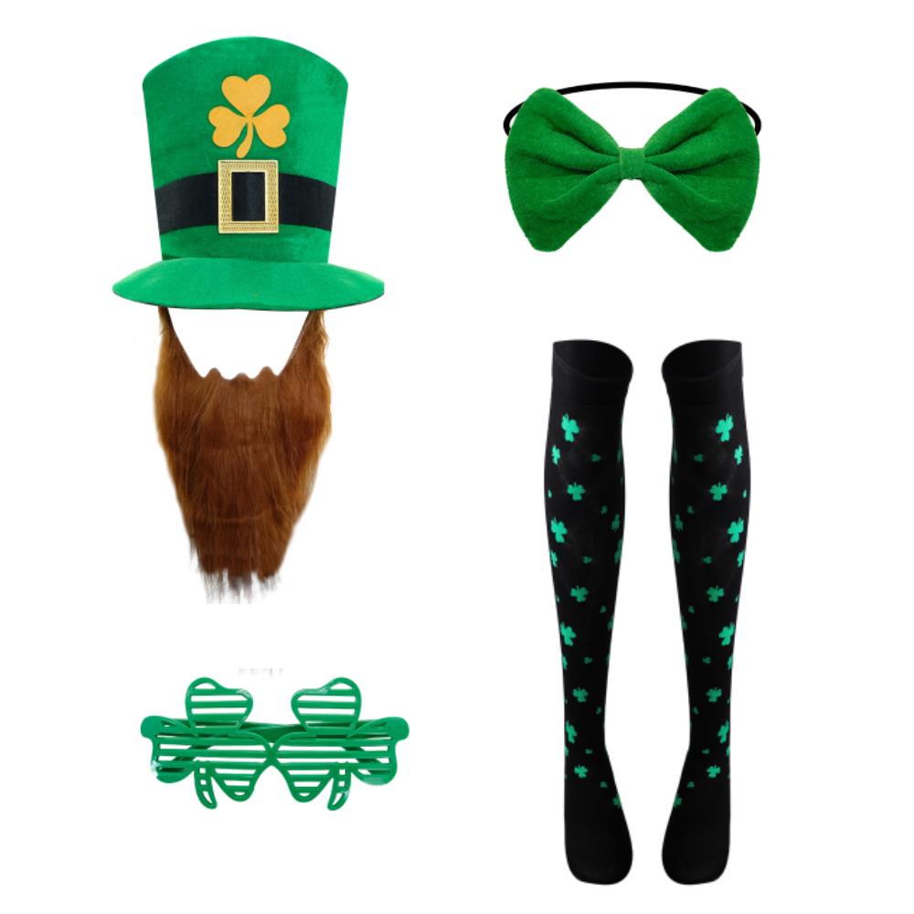 4pcs Leprechaun Green Hat with Beard Costume Accessory St. Patrick's Day Party Costume Suit Hat Bow Tie Beard Socks Accessory