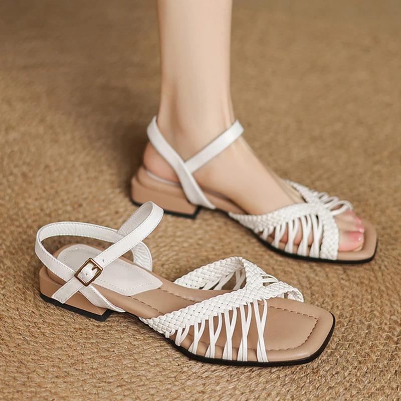 Fashion Weave Women Square Toe Heeled Sandals Designer Summer New Shoes 2025 Casual Woman Slippers Cozy Slides Pumps Mujer De Sandalias