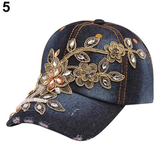 Flower Embossed Rhinestone Denim Baseball Cap Summer Fashion Women Jeans Hat