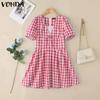 VONDA Women Patchwork Lace V Neck Puff Sleeve Plaid Print Casual Ruffled Dress