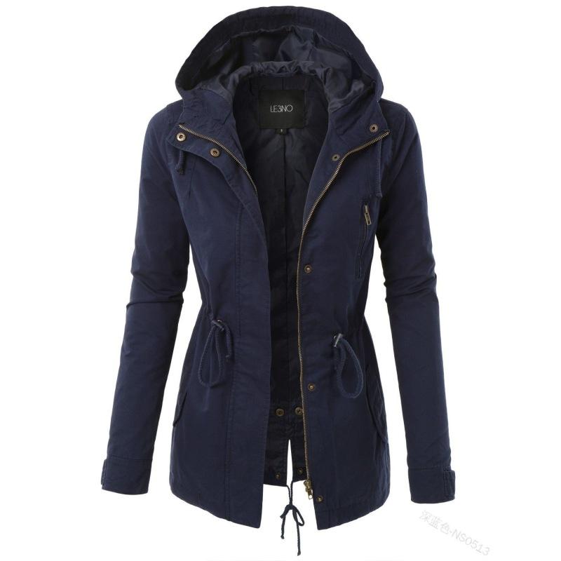 Damen Herbst- und Winter einfarbige Kordelzug Schlitz mittellange Kapuzenjacke Windbreaker Mantel