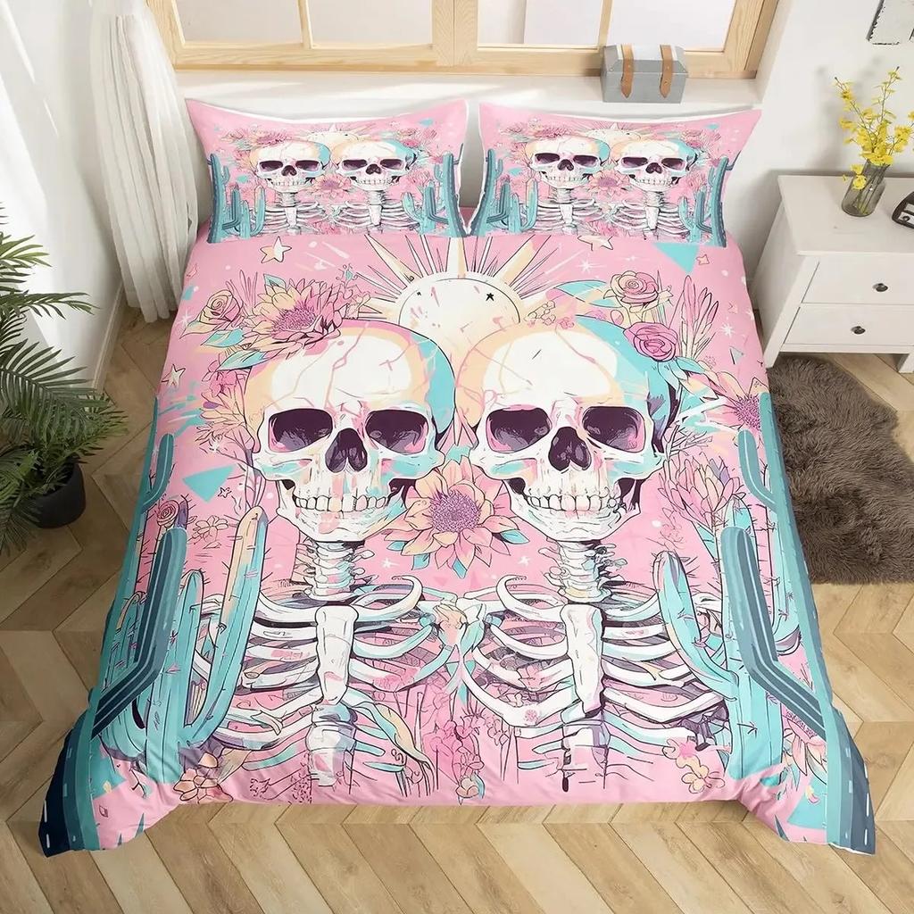 Sugar Skull Lover Duvet Cover King Kissing Couple Skeleton Bedding Set Red Rose Comforter Cover Death And Love Theme Quilt Cover