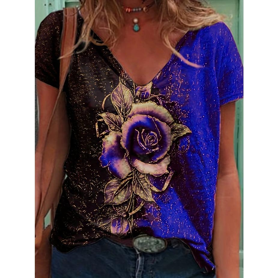 Plus Size Women's Casual Rose Print Short Sleeve V Neck Medium Stretch T-shirt - Comfortable, Breathable, Relaxed Fit - Perfect for Daily Wear