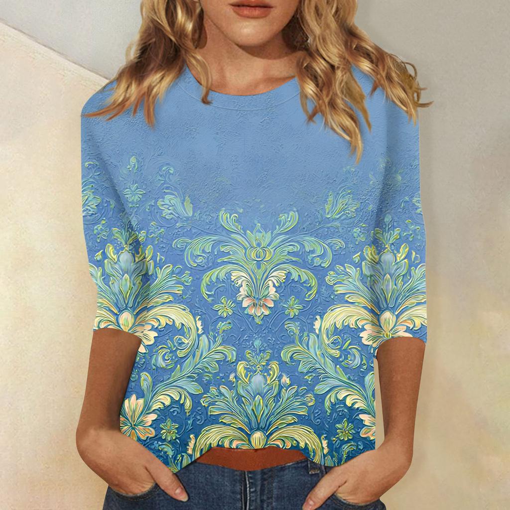 Women's Fashion Casual 3/4 Sleeve T,Shirt Printed Round Neck Pullover Top
