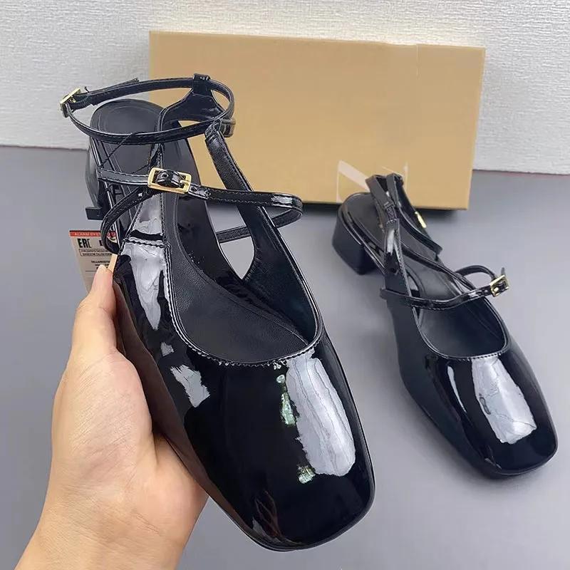 TRAF Women Mary Jane Shoes Fashion Leather Thick Heel Shoes Office Slingback Heeled Heels 2024 Autumn Female Black Chunky Heels