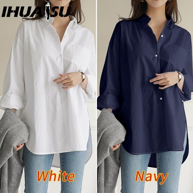 IHUASU Women's Fashion Casual Solid Color Print Long Sleeve POLO Neck Blouses & Shirts