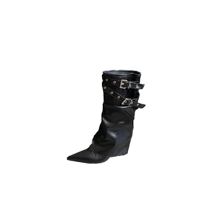2025 Autumn and Winter New Pointed Thin Heel High Heel Temperament French Fashion Belt Buckle Sexy Beautiful Women Mid Boots
