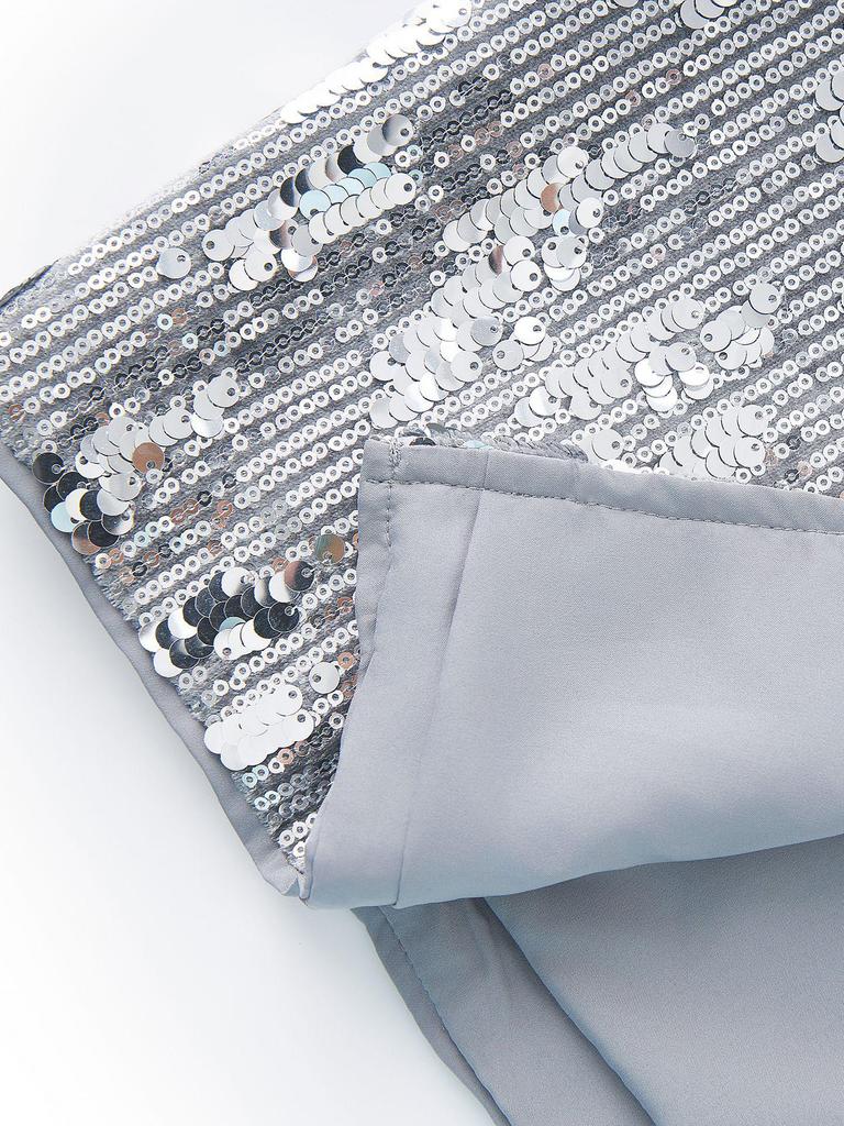 Dazzling Silver Sequin High-Waist Midi Skirt for Women - Autumn Fashion