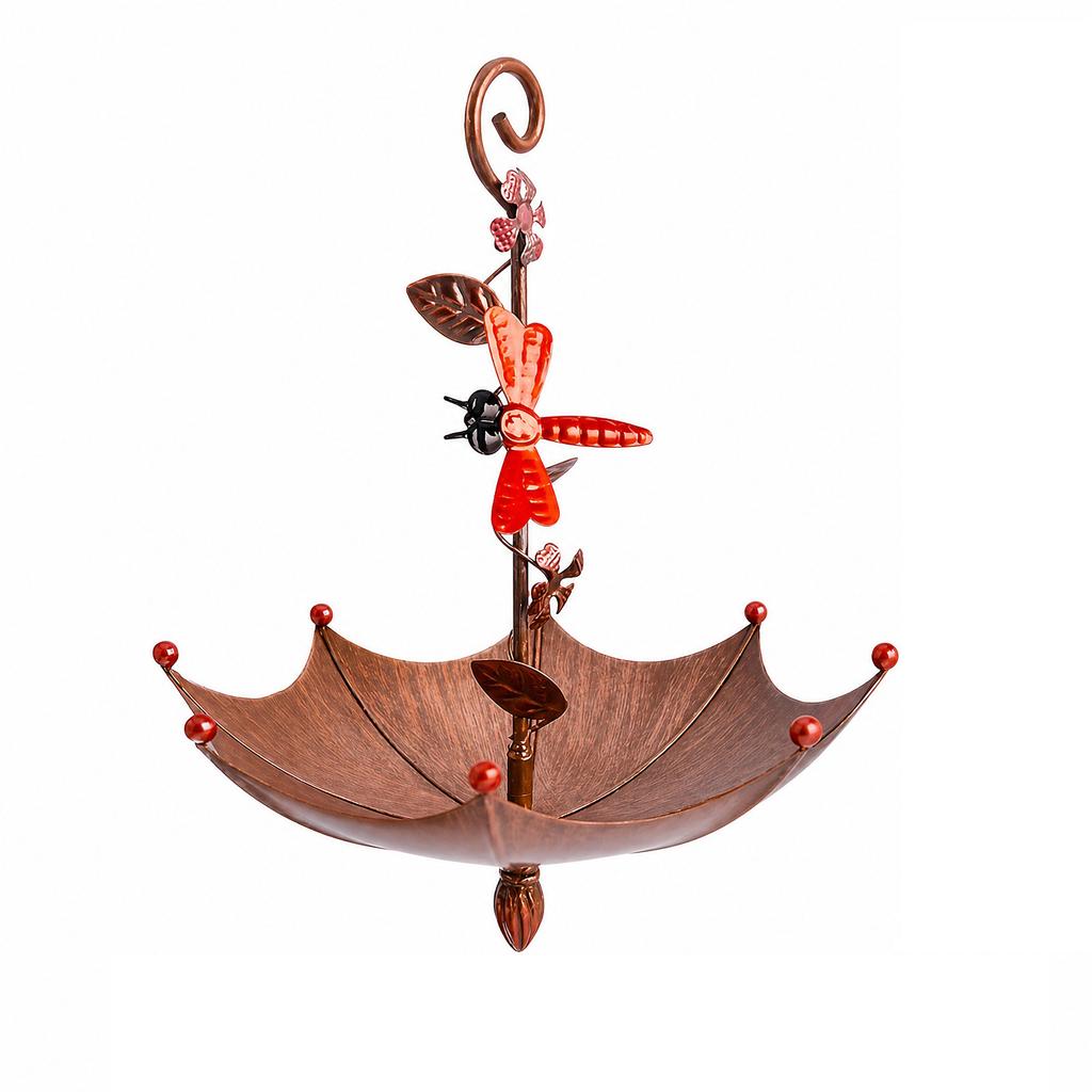 Metal Umbrella Shaped Bird Feeder Hanging Garden Decor Outdoor Patio Yard Ornament with Dragonfly Design