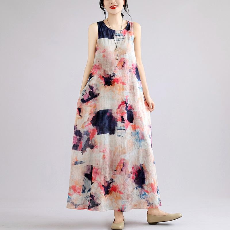 Sleeveless Plus Size Cotton Vintage Floral New In Dresses for Women Casual Loose Long Summer Dress