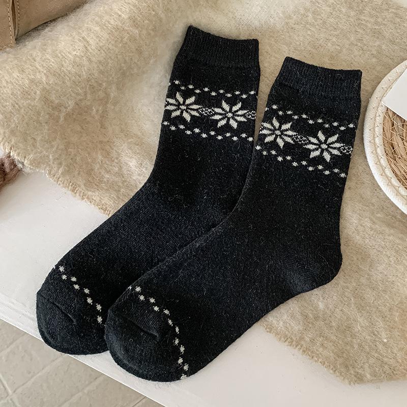 Wool Socks Children'S Season Mid-Tube Socks Trendy Retro Snowflake Fleece Thickened Warm Cashmere Stacking Socks Women