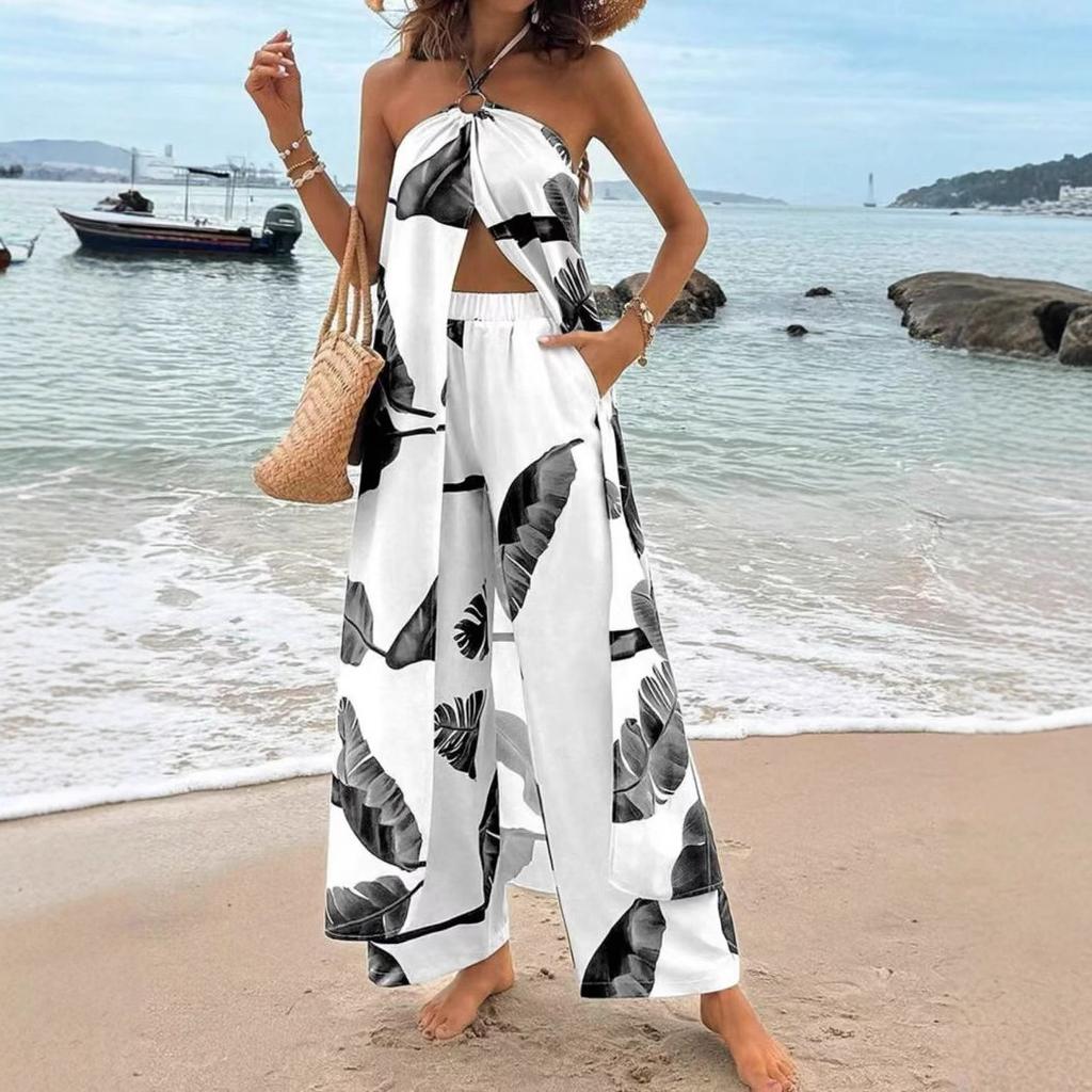 Cross-border Amazon 2025 Summer New Printed Sexy Long Halter-neck Top Set Casual Straight-Leg Pants