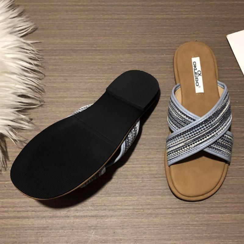 Fashion Fashion Weave Cross Tied Slippers Women Comfortable Concise Summer Open Toe Flat Slippers Casual Non Slip Vacation Beach Sandals