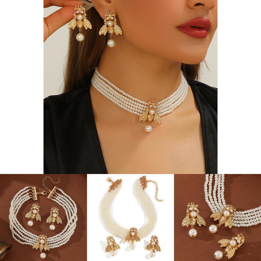 Gold Tier Schmuckset mit kleinem Bienenanhänger und Perlenohrringen für Damen