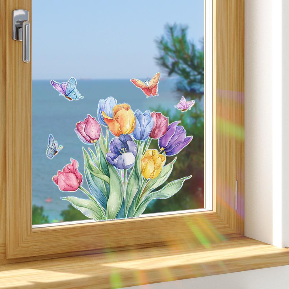 Colorful Flowers Tulips Butterflies Home Beautification and Decoration Glass Doors and Windows Static Window Stickers