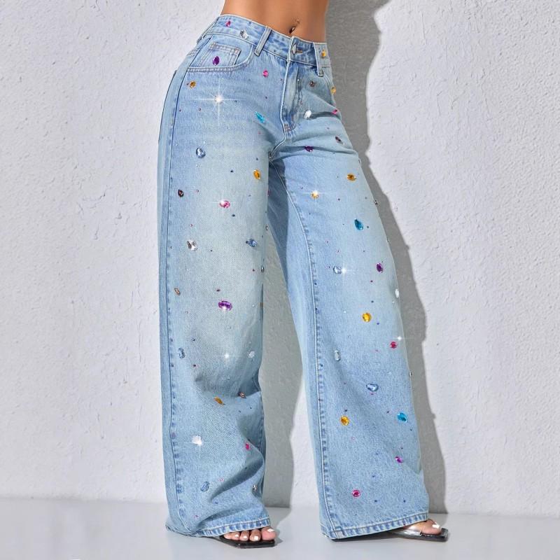 Womens Loose Straight Leg Jeans High Waist Street Style Denim Pants Washed Casual