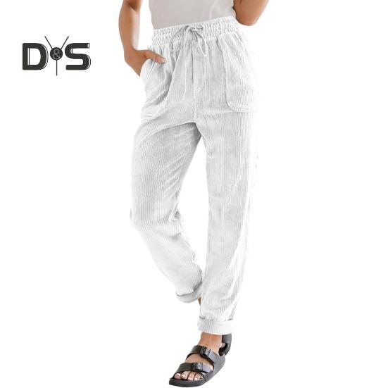 Women Corduroy Pants High Waist Baggy Drawstring Elastic Waist Casual Trousers Loose Fit Straight Leg Pockets Work Pants