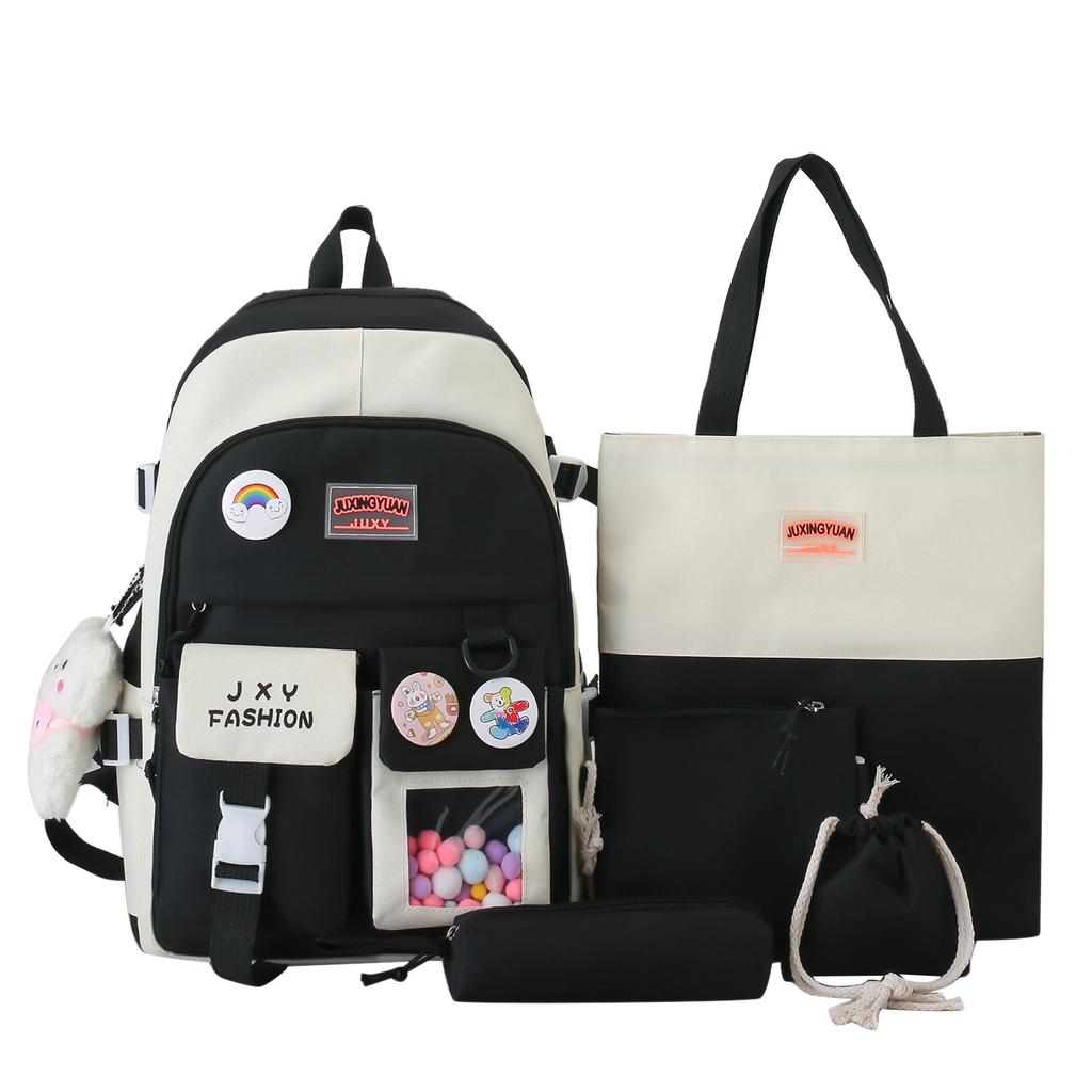 Backpack New Fashion Casual Foreign Style Simple Large Capacity Double Pocket Backpack Korean Version Small Fresh Five-piece Backpack