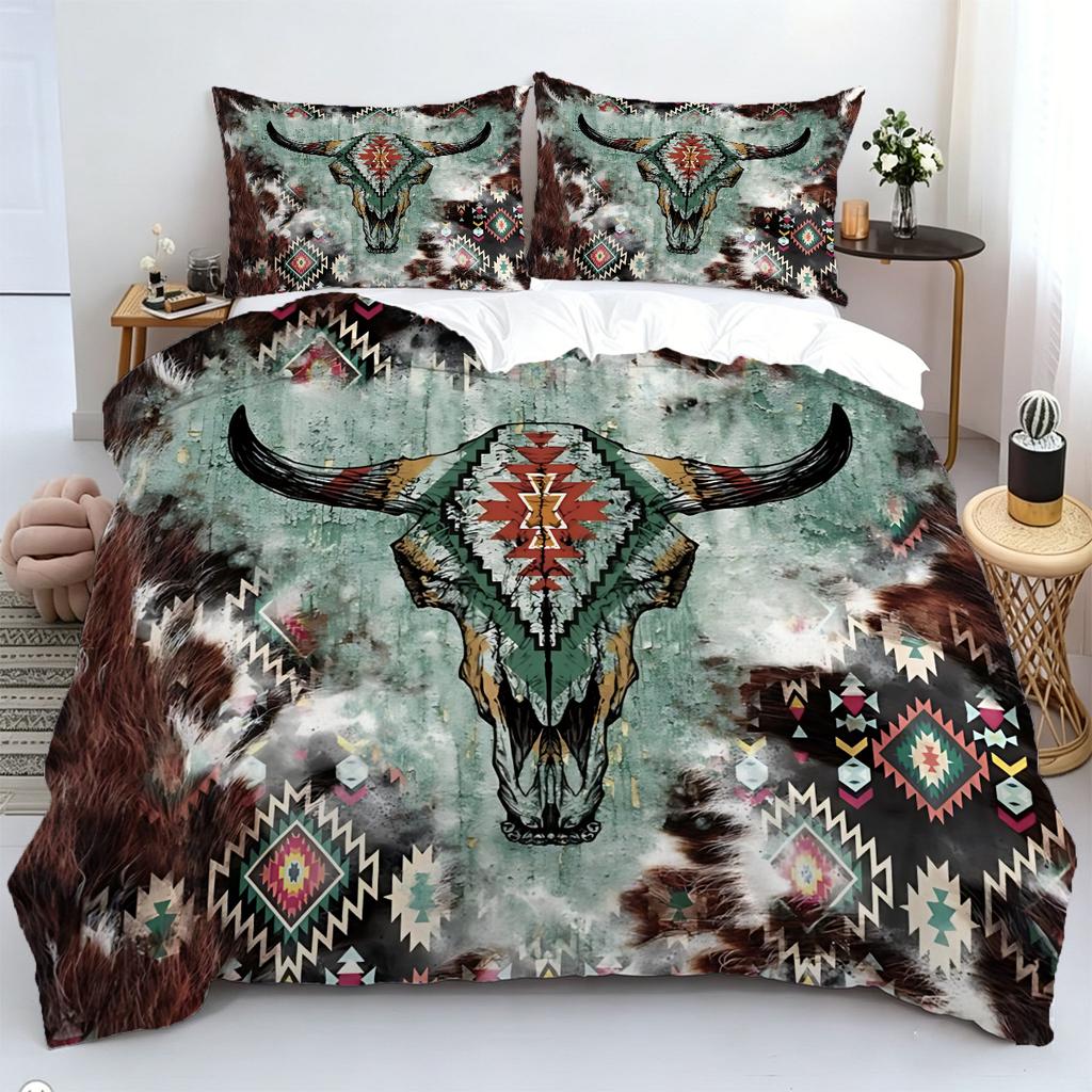 2/3Pcs Bohemian Bull Skull Duvet Cover Set,With Pillowcase Multi Size Bedroom Bedding Decor,Bohemia Rural Style Bedroom Decor